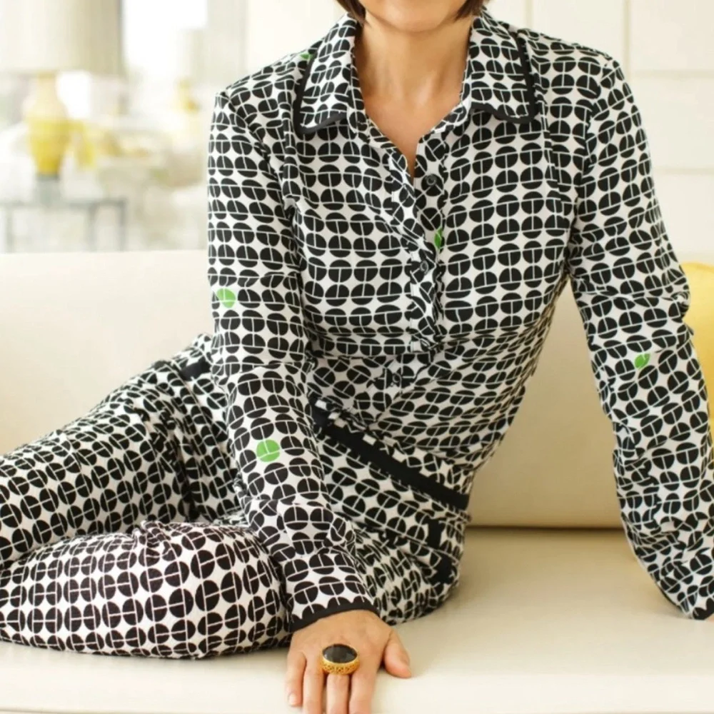 Trina Turk Cream Silk Blouse with Black and Green small - Picture 2 of 11